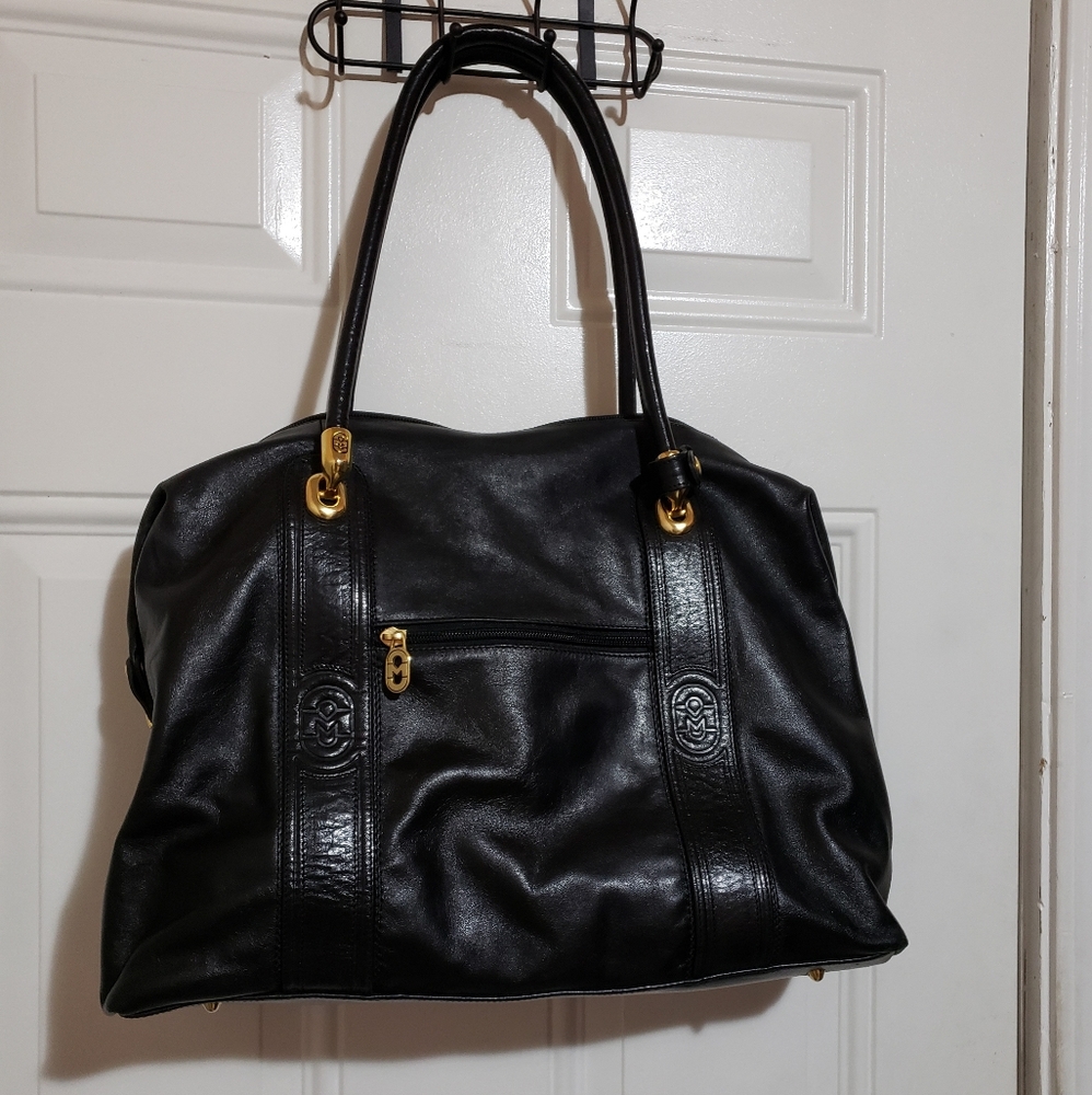 Marino Orlandi Black Leather Shoulder Bag with Gold Hardware